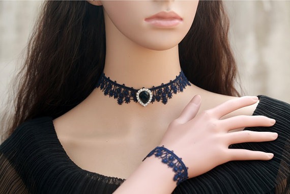 Dark Navy Blue Lace Choker Necklace and Bracelet Set by FairybyFoxie steampunk buy now online