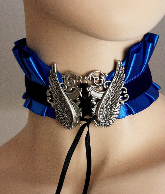 Steampunk choker Tattoo Angel's wings blue necklace Gothic neck corset by pinkabsinthe steampunk buy now online