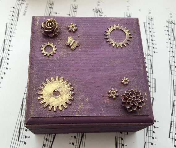 Steampunk jewellery box, trinket box, purple, cogs roses butterfly,assemblage decorated altered by EmporiumCuriosities1 steampunk buy now online