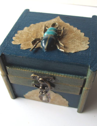 Steampunk Jewelry Box Small Wooden Brass Scarab Real Leaves Aspen Cottonwood Decoupage by VanessaStoryDesigns steampunk buy now online