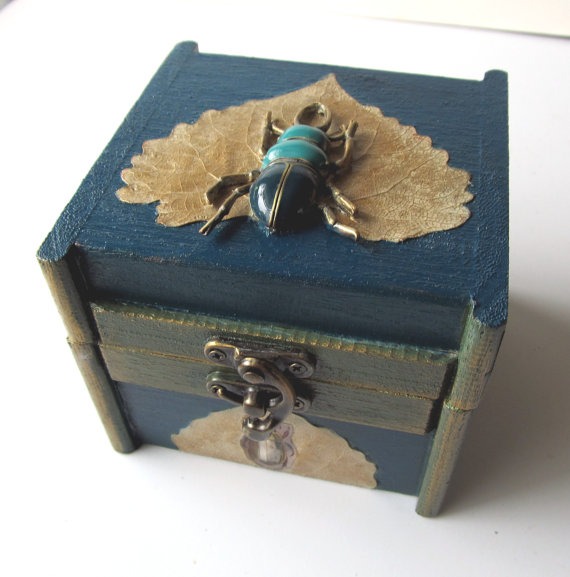 Steampunk Jewelry Box Small Wooden Brass Scarab Real Leaves Aspen Cottonwood Decoupage by VanessaStoryDesigns steampunk buy now online