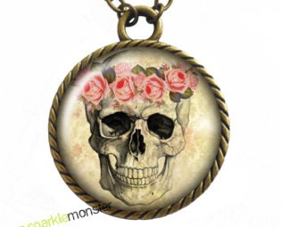 Floral Skull - bronze necklace, 30 mm, glass, circle pendant, gothic, vintage style by SparkleMonsterStore steampunk buy now online