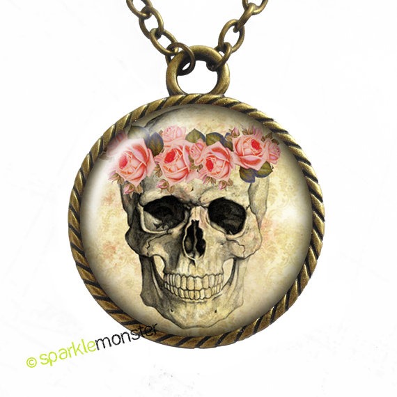 Floral Skull - bronze necklace, 30 mm, glass, circle pendant, gothic, vintage style by SparkleMonsterStore steampunk buy now online