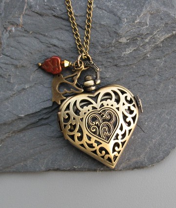 For Your Love - Locket Watch Necklace Antique Bronze Filigree Heart - Timeless Treasure SALE by ArtInspiredGifts steampunk buy now online