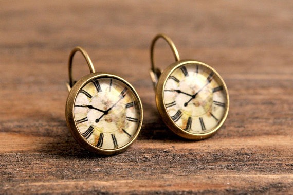 Vintage clock earrings, dangle earrings, antique brass earrings, glass dome earrings, antique bronze / silver plated base, jewelry gift by SomeMagic steampunk buy now online