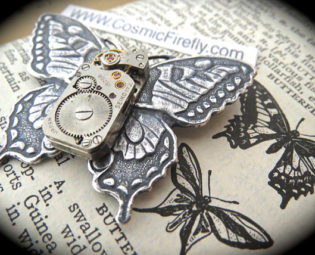 Steampunk Pin Brooch Butterfly Pin Gothic Victorian Antiqued Silver Brooch Vintage Watch Movement SEIKO Japan by CosmicFirefly steampunk buy now online