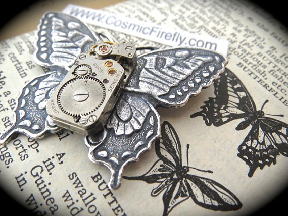 Steampunk Pin Brooch Butterfly Pin Gothic Victorian Antiqued Silver Brooch Vintage Watch Movement SEIKO Japan by CosmicFirefly steampunk buy now online