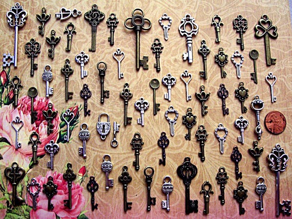 62 New Skeleton Keys Brass Charms Jewelry Steampunk Wedding Beads Supplies Pendant Set Collection Reproduction Vintage Antique Look Crafts by AKeyToHerHeart steampunk buy now online