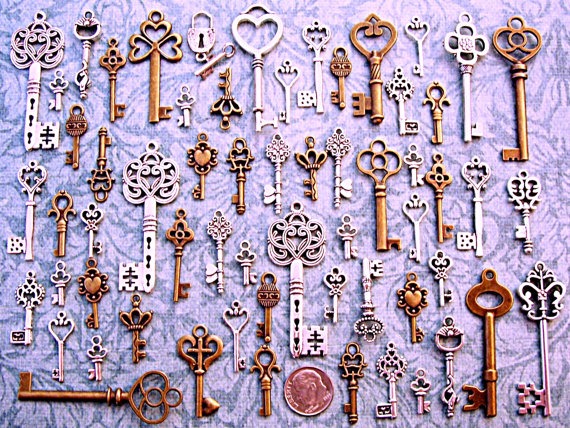 134 New Skeleton Keys Brass Charm Jewelry Steampunk Wedding Beads Supplies Pendant Set Collection Reproduction Vintage Antique Look Crafts A by AKeyToHerHeart steampunk buy now online
