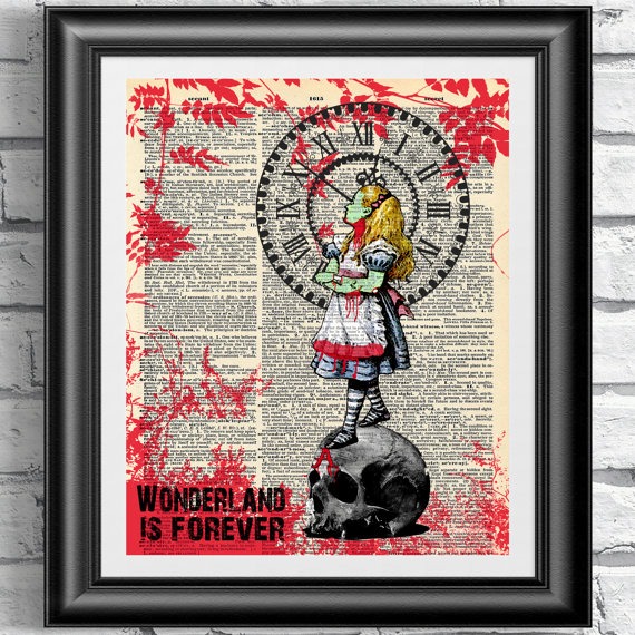 Art print on dictionary book page Zombie Alice in Wonderland. Gothic dark artwork on antique book page. Wall art the walking dead zombies. by IntheFrameShop steampunk buy now online