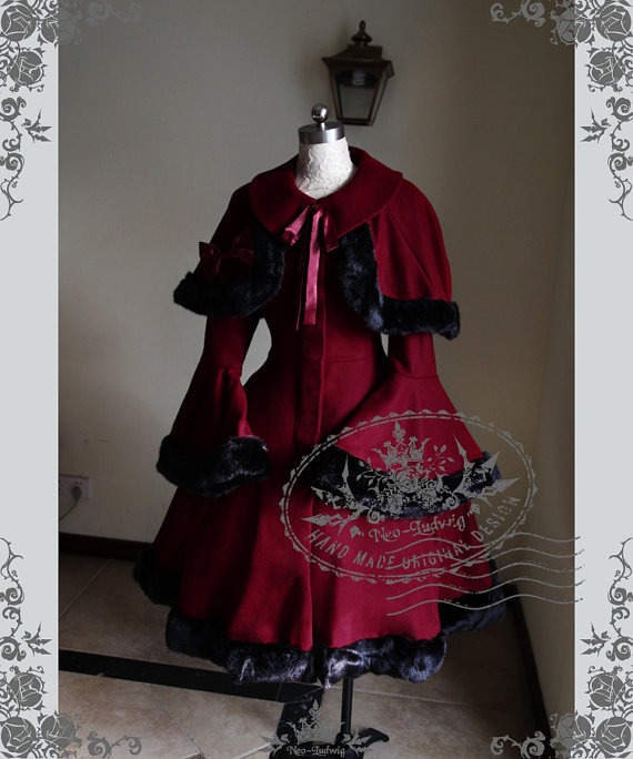 Classic Gothic Lolita Thick Wool Coat&Fur Cape*Dark Red Lady 80 FREE EXPRESS SHIPPING by Fanplusfriend steampunk buy now online