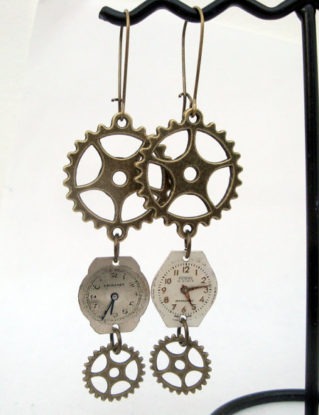 Steampunk earrings with vintage watch face dials and cogs on antique bronze earwires by PirateTreasures steampunk buy now online