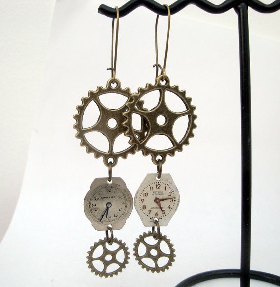 Steampunk earrings with vintage watch face dials and cogs on antique bronze earwires by PirateTreasures steampunk buy now online