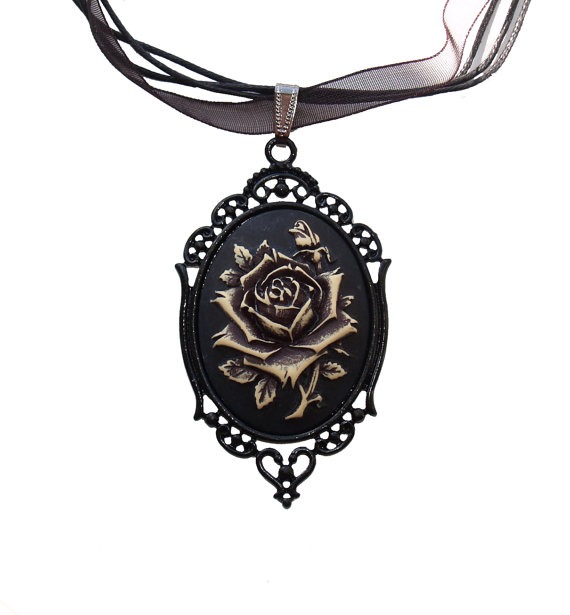 SALE Black Steampunk Victorian Rose Flower Cameo Pendant Necklace Gothic Antiqued Ivory My Sweet Rose Filigree Organza Cord by VictorianScarlett steampunk buy now online