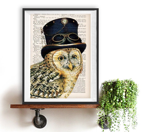 Fantasy Owl Print, Owl Artwork, Owl with a Hat, Owl with Spectacles, Steampunk, Gift for Men, Office Art, Wall Art Prints, Wall Decor by NotMuchToSay steampunk buy now online