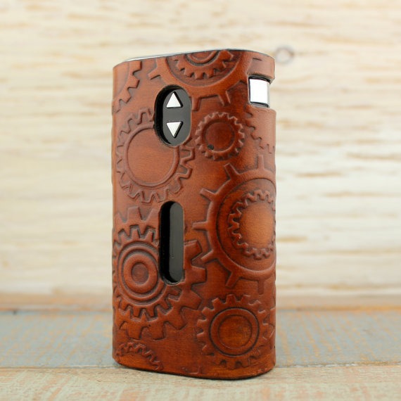 Cogs and Gears Steampunk Embossed Custom Leather Vape / Vaping Sleeve Case Wrap for E-Cig Vaporizer by SillyNilly steampunk buy now online