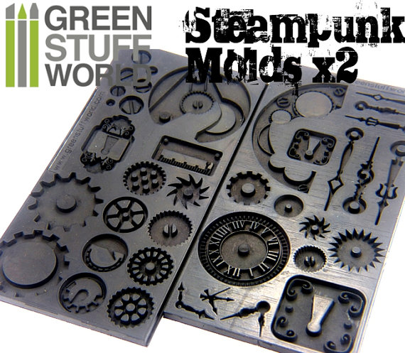 PACK x2 Steampunk Gear Texture RUBBER MOLDS Matt for Polymer Clay Impression Stamp, Clock like Lisa Pavelka by GreenStuffWorld steampunk buy now online