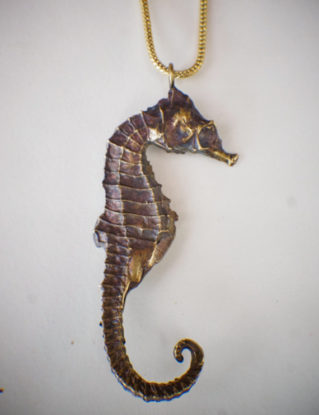 Seahorse necklace, cast from real seahorse, brass cast, brass necklace, sacred nature, ocean world, amazing detail, handmade by KNOWLEDGEGALLERY steampunk buy now online