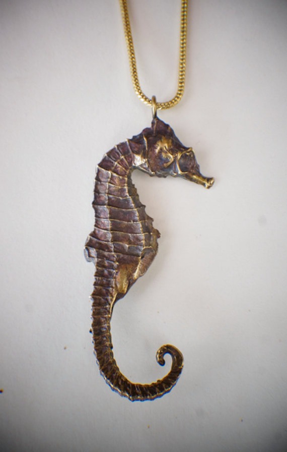 Seahorse necklace, cast from real seahorse, brass cast, brass necklace, sacred nature, ocean world, amazing detail, handmade by KNOWLEDGEGALLERY steampunk buy now online