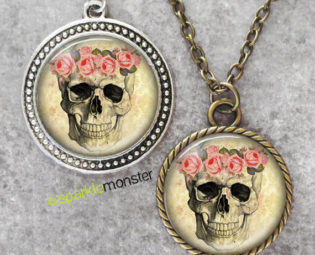Floral Skull - 30mm glass tile necklace, antique silver or bronze, circle pendant, gothic, vintage style by SparkleMonsterStore steampunk buy now online