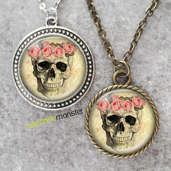 Floral Skull - 30mm glass tile necklace, antique silver or bronze, circle pendant, gothic, vintage style by SparkleMonsterStore steampunk buy now online