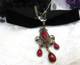 ON SALE Black Velvet 25mm wide Choker with Red Chandelier Pendant Necklace Gothic Cosplay Steampunk Street Goth Girlfriend Wife Mother(101) by WynterMyst steampunk buy now online