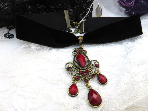 ON SALE Black Velvet 25mm wide Choker with Red Chandelier Pendant Necklace Gothic Cosplay Steampunk Street Goth Girlfriend Wife Mother(101) by WynterMyst steampunk buy now online