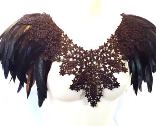 Black feather epaulette triple layer voluminous lace collar full cape. Capelet. Limited Edition. Burning Man by WhiteLotusCouture steampunk buy now online