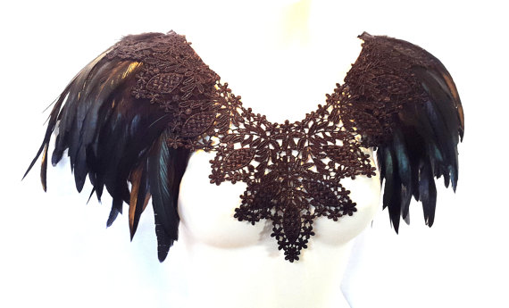 Black feather epaulette triple layer voluminous lace collar full cape. Capelet. Limited Edition. Burning Man by WhiteLotusCouture steampunk buy now online