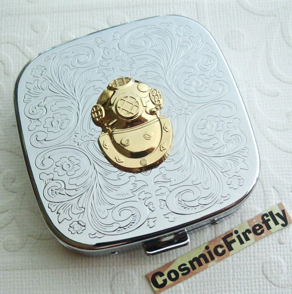 Diving Helmet Pill Case Steampunk Pill Case Mirror Case Silver Plated Metal Pill Case Nautical Steampunk Pill Case by CosmicFirefly steampunk buy now online