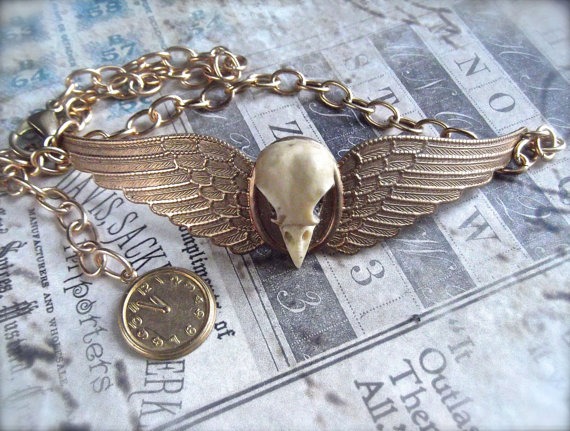 Winged Skull Choker, Brass Wing Choker, Double Wing Choker, Birdskull Choker, Steampunk Choker, Gothic Choker Winged Choker Winged Birdskull by MockiDesigns steampunk buy now online