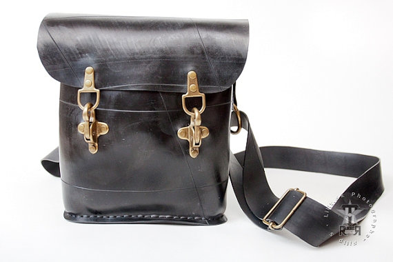 Upcycled Rubber shoulder bag Handseewed by TanjaSchroder steampunk buy now online
