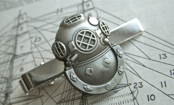 Diving Helmet Tie Clip Silver & Pewter Tone Gothic Victorian Nautical Steampunk Style Vintage Inspired Men's Accessories by CosmicFirefly steampunk buy now online