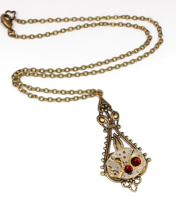 JULY Steampunk Necklace, RED Steampunk Watch Necklace Antique Brass JANUARY or July Victorian Steampunk Jewelry by VictorianCuriosities by VictorianCuriosities steampunk buy now online