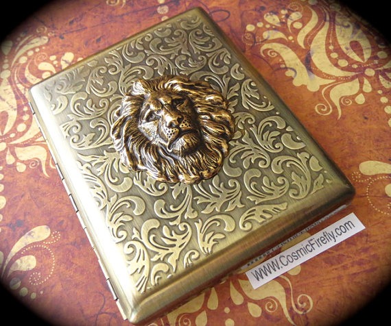Large Size Lion Cigarette Case Extra Big Antiqued Brass Tone Metal Wallet Gothic Victorian Steampunk Brass Lion Vintage Inspired by CosmicFirefly steampunk buy now online