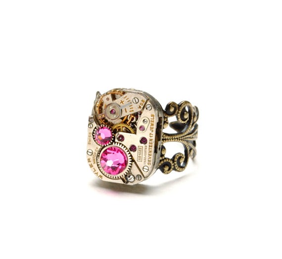 Steampunk Ring OCTOBER ROSE PINK Steampunk Watch Ring Birthstone Ring Antique Brass Ring Steam Punk Steampunk Jewelry Victorian Curiosities by VictorianCuriosities steampunk buy now online