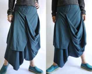 Steampunk Funky Drop Crotch Dark Teal Green Stretch Cotton Draped Pants With Elastic Waist & Asymmetrical Hem by beyondclothing steampunk buy now online