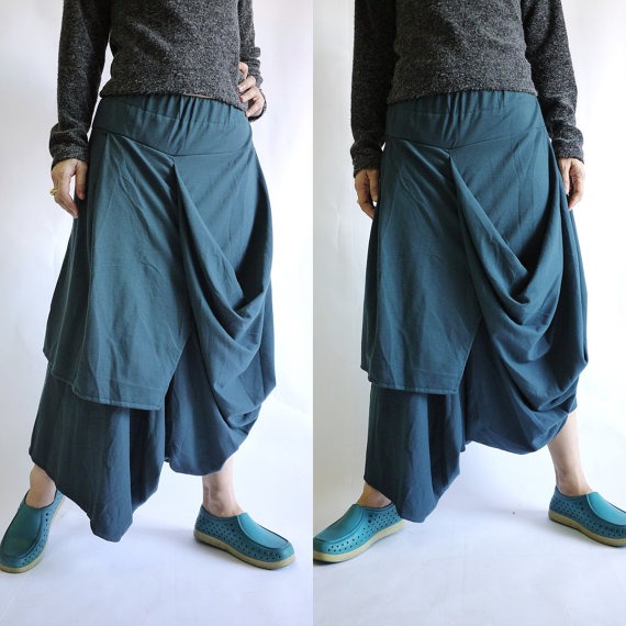 Steampunk Funky Drop Crotch Dark Teal Green Stretch Cotton Draped Pants With Elastic Waist & Asymmetrical Hem by beyondclothing steampunk buy now online