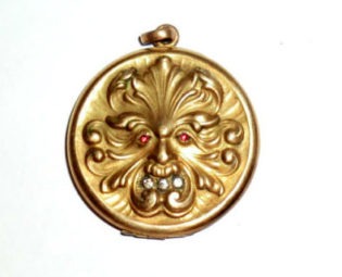 Antique Victorian Locket Mythological North Wind God Green Man Figural "Gargoyle Face"/ Gold Filled Red Eyes Rhinestones by PeacockVintageJewels steampunk buy now online