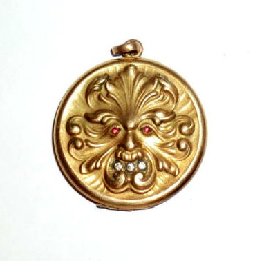 Antique Victorian Locket Mythological North Wind God Green Man Figural "Gargoyle Face"/ Gold Filled Red Eyes Rhinestones by PeacockVintageJewels steampunk buy now online