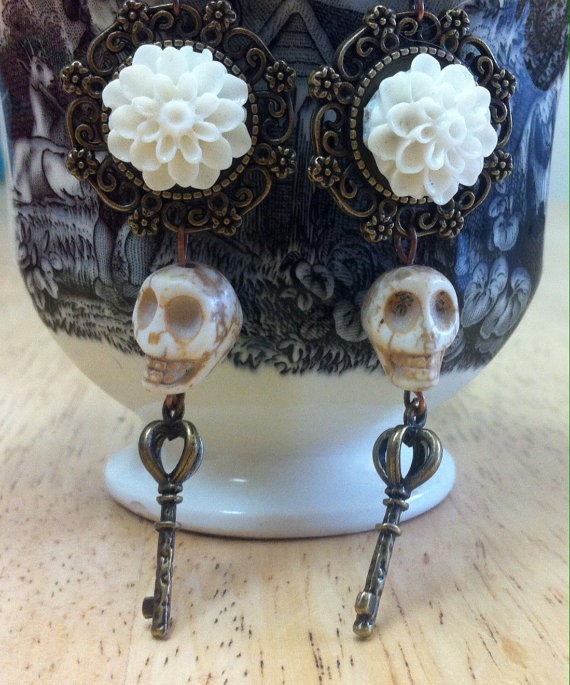 White flower, skull and key earrings, brass filigree bezel and white flower cabachon earrings with white howlite skulls and ornate keys by HummingbirdIsland steampunk buy now online