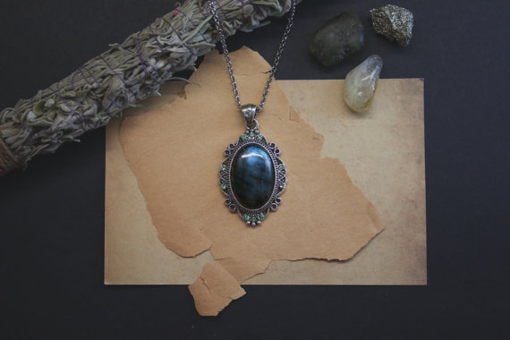 Labradorite necklace with light green crystals - Genuine blue & green gemstone amulet // occult, witchcraft, ritual stone by DevilsJewel steampunk buy now online