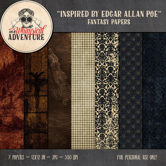 Edgar Allan Poe digital printable 12x12 papers, digital scrapbooking, art journaling, cards, Halloween patterned papers, gothic, steampunk by AWhimsicalAdventure steampunk buy now online