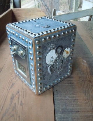 Post office Box Piggy Bank, Chester Mannly Silver Studded Swirls Steampunk with Silver Door by OldCountryGeneral steampunk buy now online