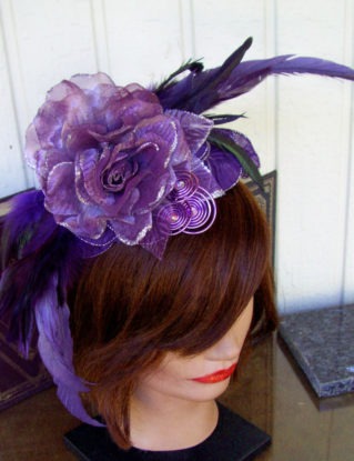 Fascinator603 - Plum/Purple/Violet - Satin Ruffles - Feathers - Silk Flowers and Ivy - Apple Green Coils - Swarovski Crystals by DesignsByFriston steampunk buy now online