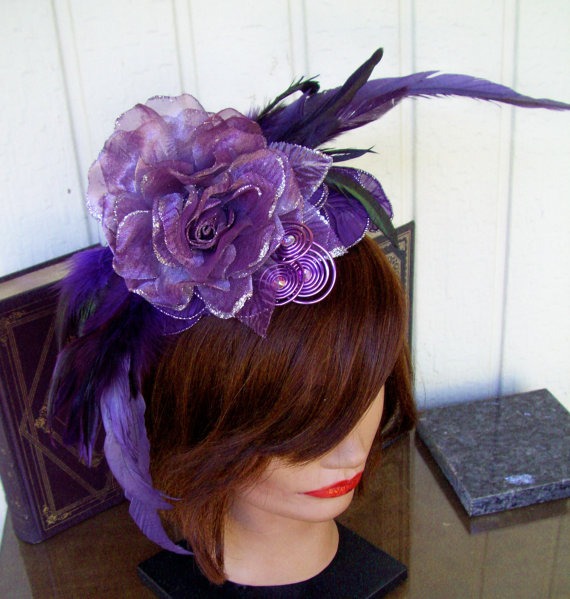 Fascinator603 - Plum/Purple/Violet - Satin Ruffles - Feathers - Silk Flowers and Ivy - Apple Green Coils - Swarovski Crystals by DesignsByFriston steampunk buy now online