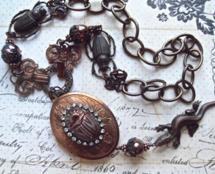 Vintage Locket, Critter Scarab Locket, Gingerbread Patina, Vintage French Filigree, Large Vintage locket, Scarabs & Lizard, Artisan Raku by MockiDesigns steampunk buy now online