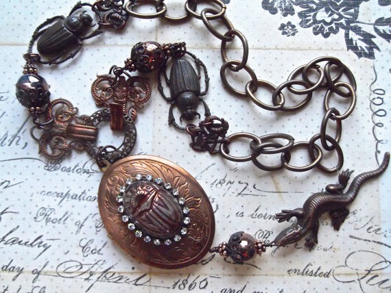 Vintage Locket, Critter Scarab Locket, Gingerbread Patina, Vintage French Filigree, Large Vintage locket, Scarabs & Lizard, Artisan Raku by MockiDesigns steampunk buy now online