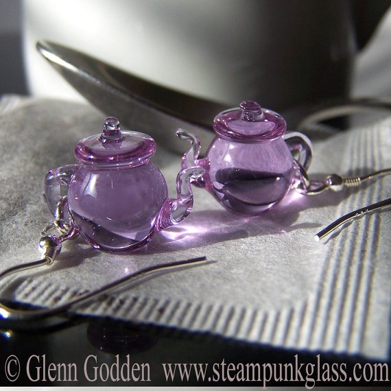 Colour Shift Purple Pink to Clear Tea Tiny Teapots - Handmade Glass Dangling Lampwork Earrings SRA by steampunkglass steampunk buy now online