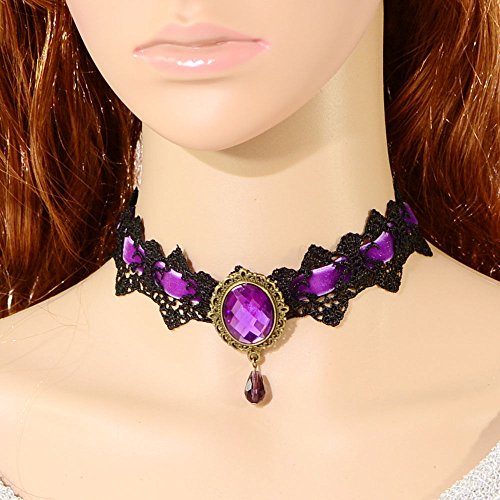 Black Lace Rhinstone Choker Victoria Steampunk Style Gothic Collar Necklace Gift (Purple) steampunk buy now online